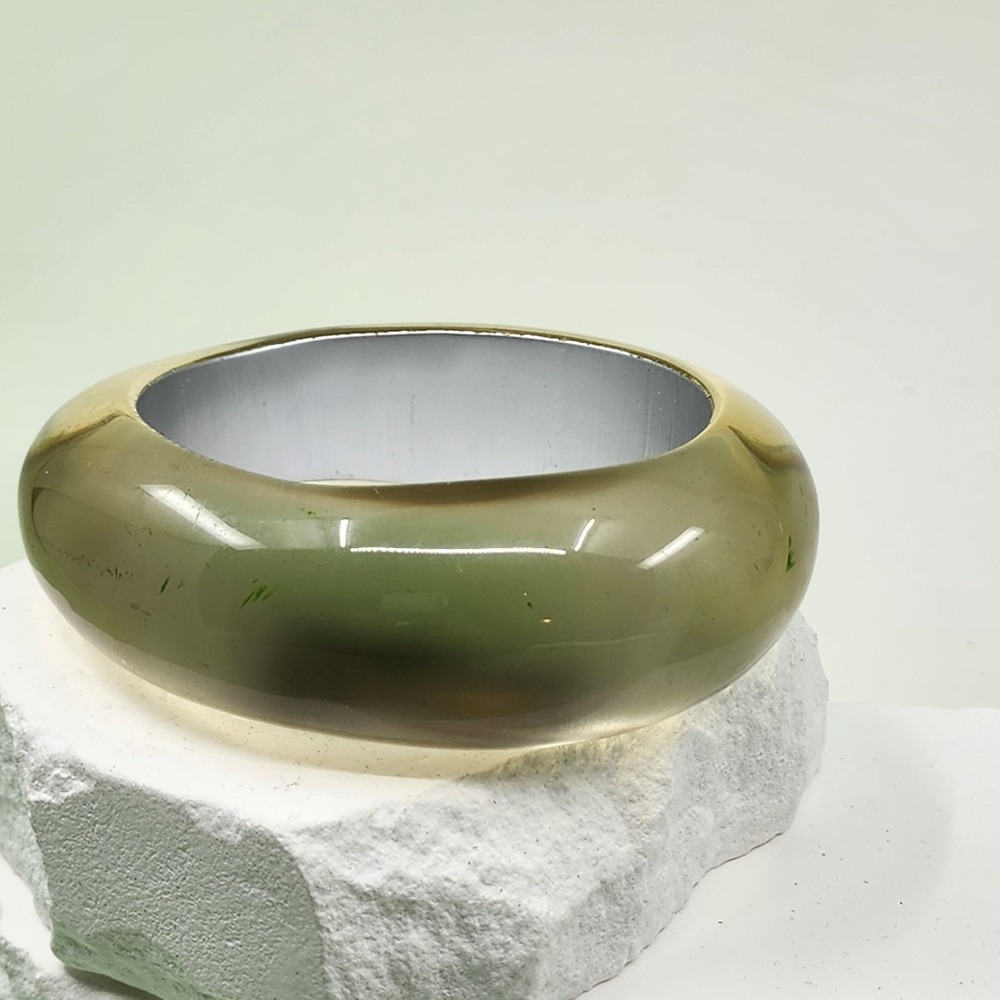 Chunky Olive Green Brown Translucent Resin Silver Tone Statement Bangle Bracelet